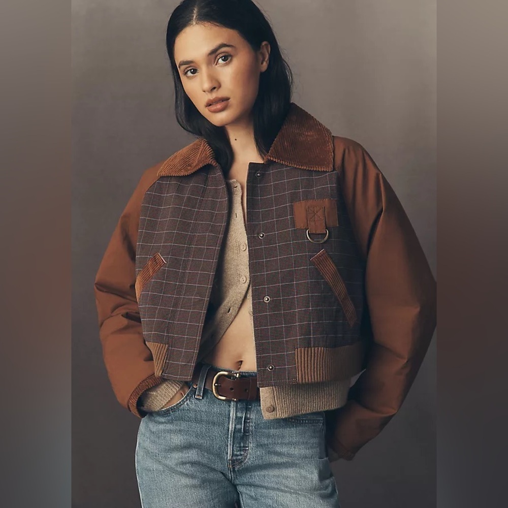 By Anthropologie Plaid Crop Utility Jacket barn corduroy khaki checkered collar